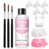 Solución alisadora Polygel, kit de solución antideslizante para uñas Polygel, solución alisadora de 75 ml, incluye 5 clips para puntas de uñas, 3 cepillos para uñas, 1 vaso de cristal, 100 hojas de limpieza