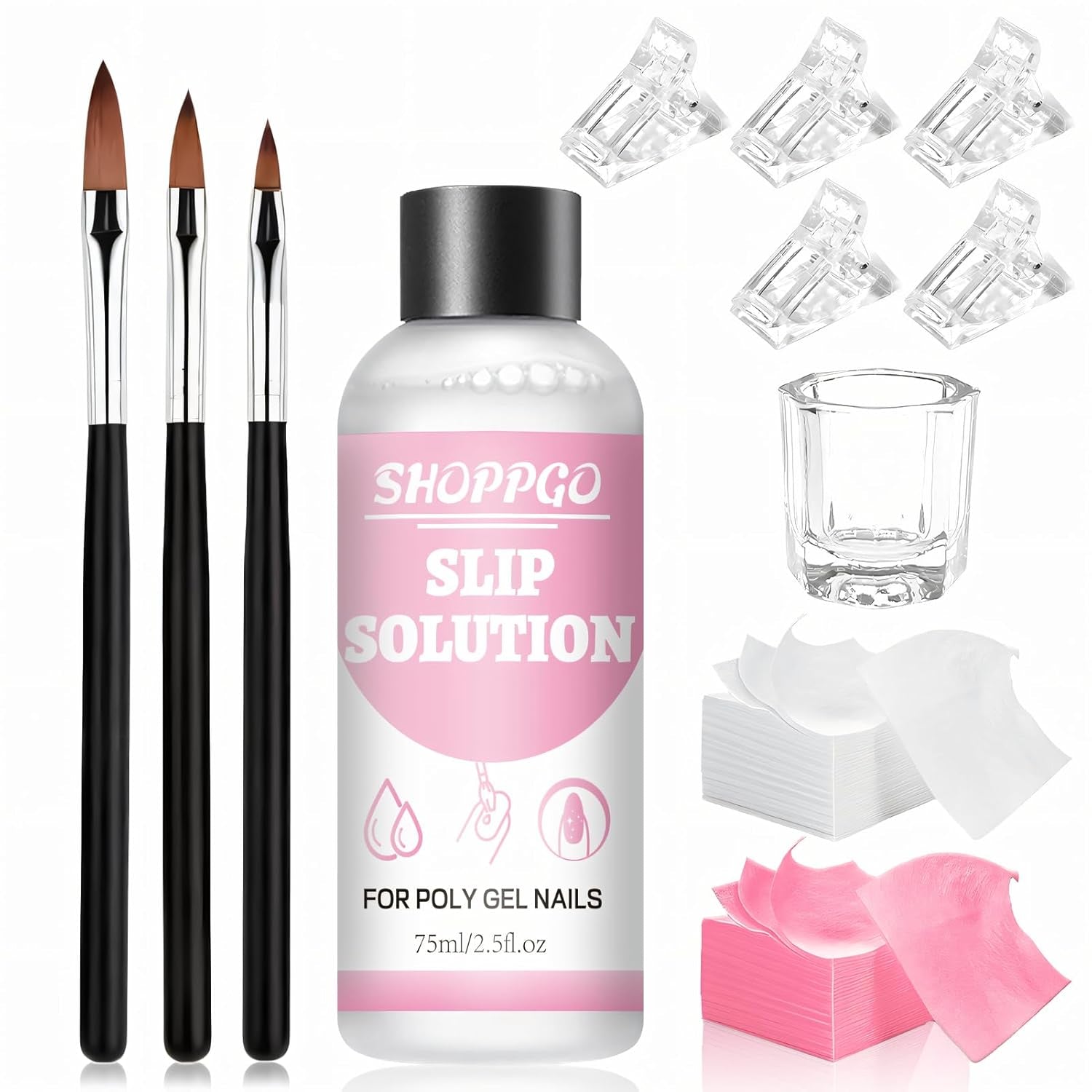 Solución alisadora Polygel, kit de solución antideslizante para uñas Polygel, solución alisadora de 75 ml, incluye 5 clips para puntas de uñas, 3 cepillos para uñas, 1 vaso de cristal, 100 hojas de limpieza