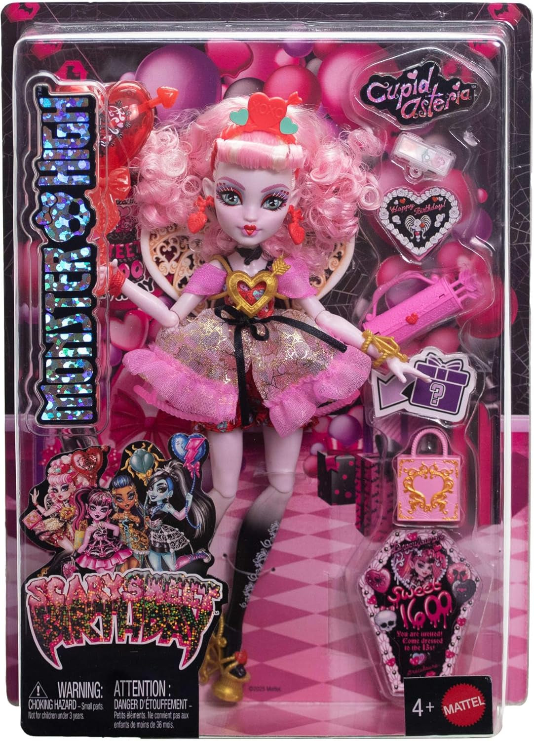Muñeca Monster High Scary Sweet Birthday Cupido Asteria con vestido de fiesta rosa y rojo con accesorios temáticos como invitación, globo, regalo y más, JBG77