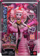 Muñeca Monster High Scary Sweet Birthday Cupido Asteria con vestido de fiesta rosa y rojo con accesorios temáticos como invitación, globo, regalo y más, JBG77