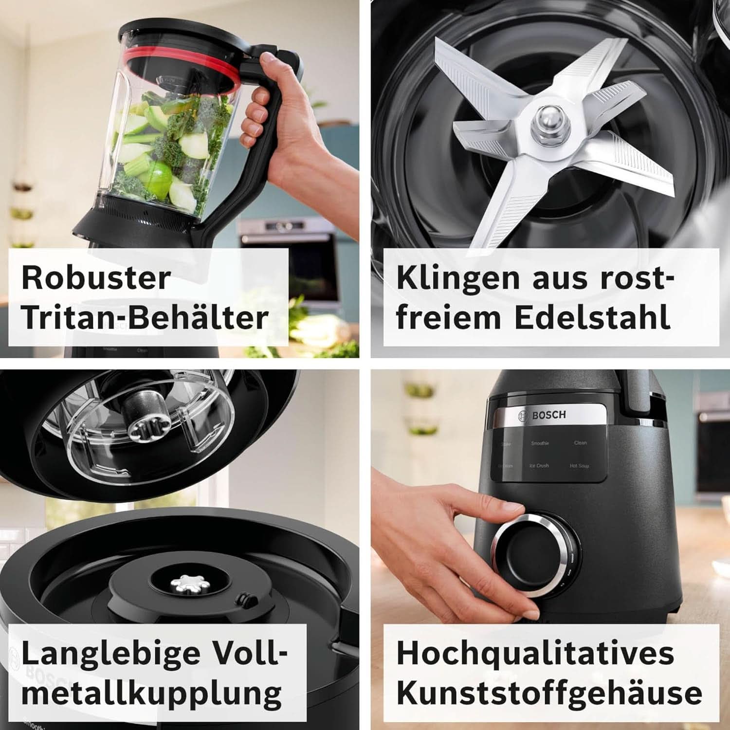 Batidora de pie Vitapower Serie 6 MMBD665B1, 45.000 U/Min, 6 programas Inkl Heiße Suppe & Reinigung, 2 L Mixbehälter, Stopfer, Spülmaschinenfeste Teile, Made in Europe, 1800W, Schwarz Kitchen Naty Shop