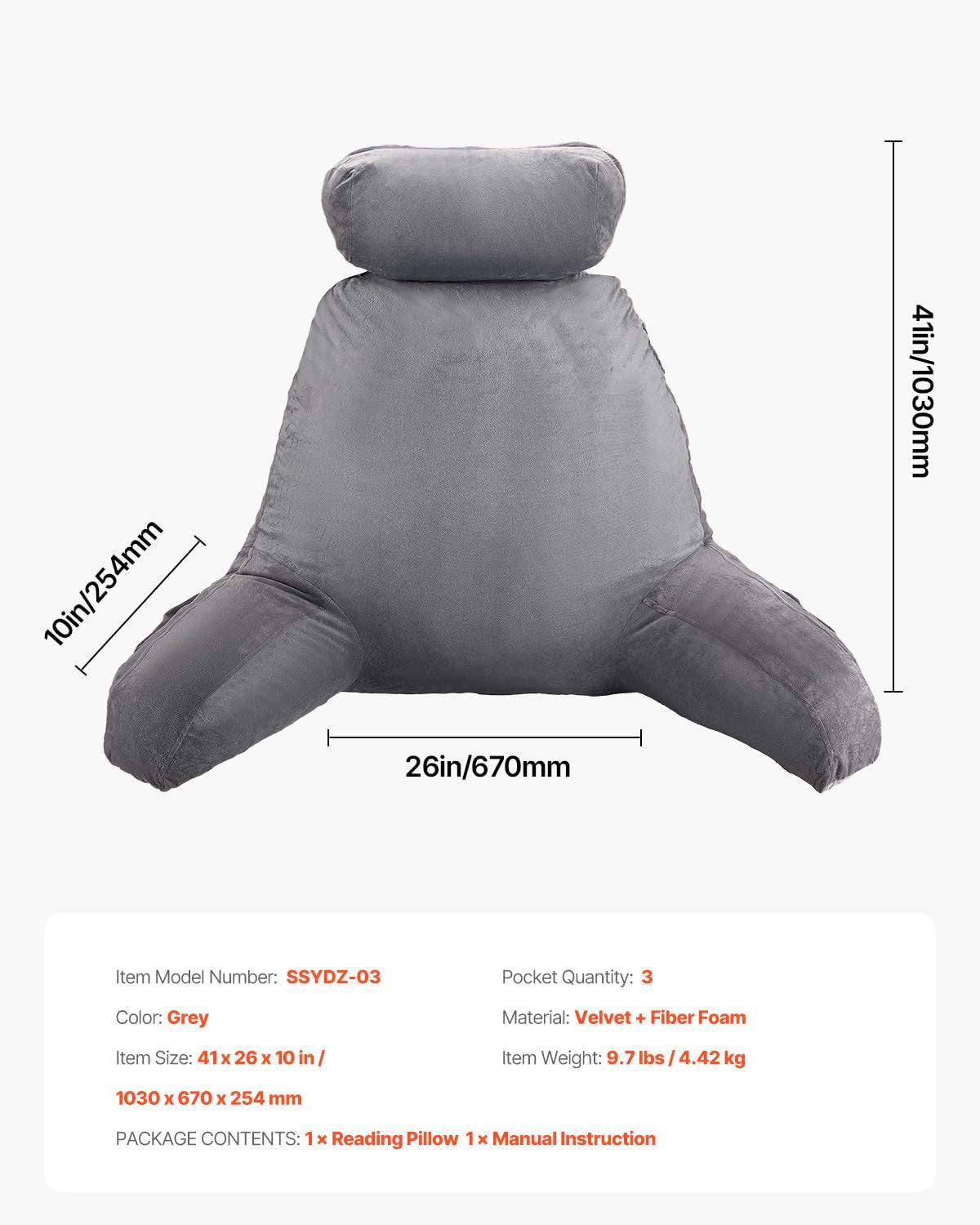 VEVOR Almohada de lectura, almohada de cama (grande) con reposacabezas desmontable, almohada trasera de 3 bolsillos y tela de terciopelo corta lavable y espuma viscoelástica triturada, lateral con asa, para ver televisión, leer, jugar