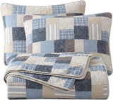 Colección Chezmoi Addy Juego de edredón de patchwork de algodón prelavado, ligero, reversible, para todas las estaciones, de gran tamaño, 3 piezas, color azul marino, blanco, gris, color topo, edredones y edredones a cuadros Naty Shop Patchwork Queen Plaid