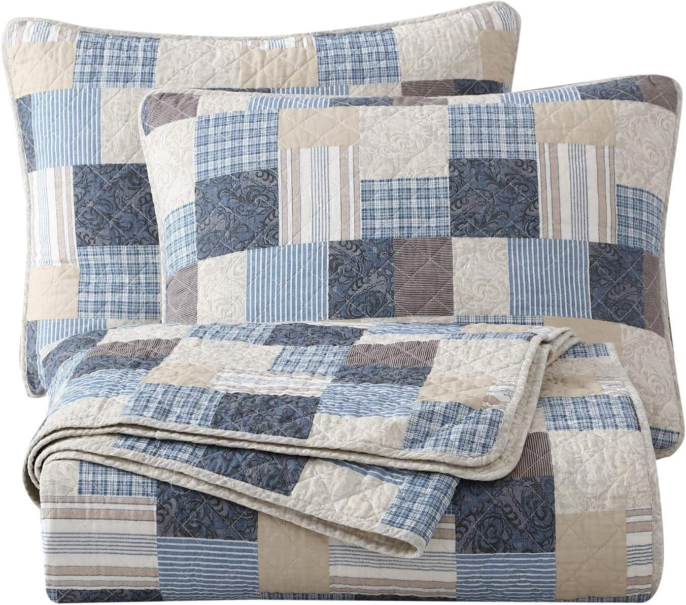 Colección Chezmoi Addy Juego de edredón de patchwork de algodón prelavado, ligero, reversible, para todas las estaciones, de gran tamaño, 3 piezas, color azul marino, blanco, gris, color topo, edredones y edredones a cuadros Naty Shop Patchwork Queen Plaid