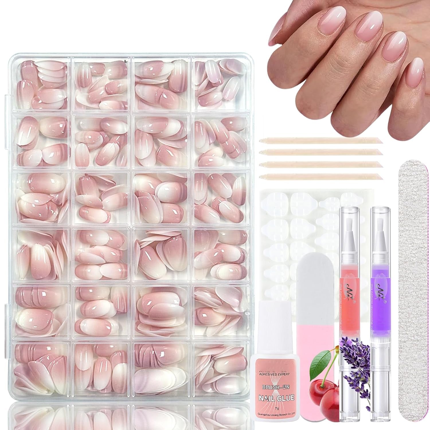 Juego de 360 ​​uñas postizas de bailarina degradada, uñas artificiales degradadas de color rosa y blanco con 2 bolígrafos de aceite de uñas, uñas postizas medianas Ombre para mujeres DIY