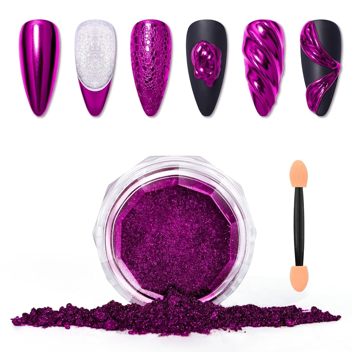 Saviland - Juego de polvos para uñas cromados, color rosa, efecto espejo, efecto espejo, decoración de uñas con purpurina para manicura con varillas de esponja, polvo con purpurina para salón de uñas