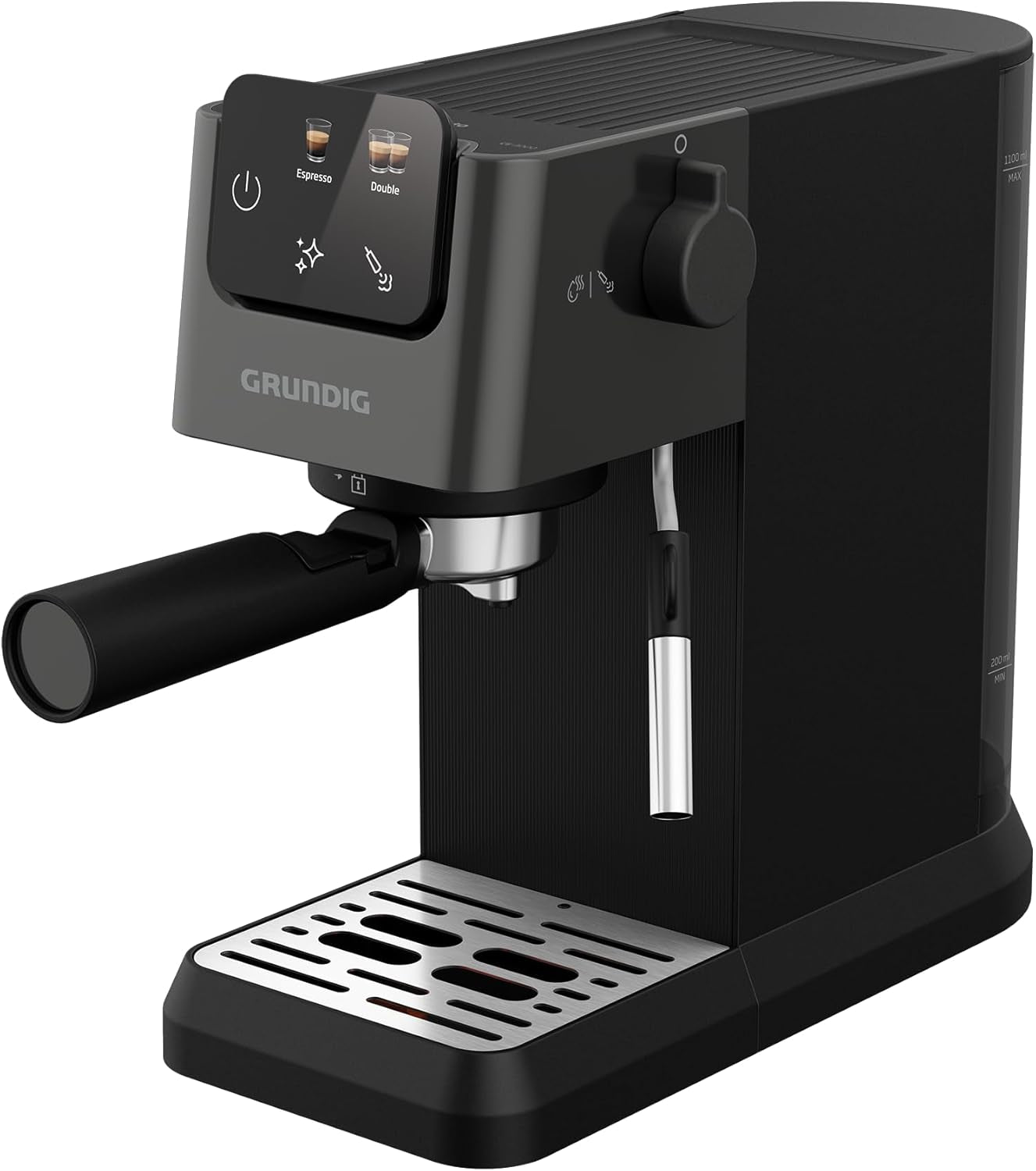 Cafetera espresso con portafiltro GRUNDIG KSM 5330 con depósito de leche integrado, potencia 1628 W, presión de bomba 15 bar, doble boquilla, pantalla táctil a color, BrewSense, CreamyPro, Acero inoxidable oscuro/Negro