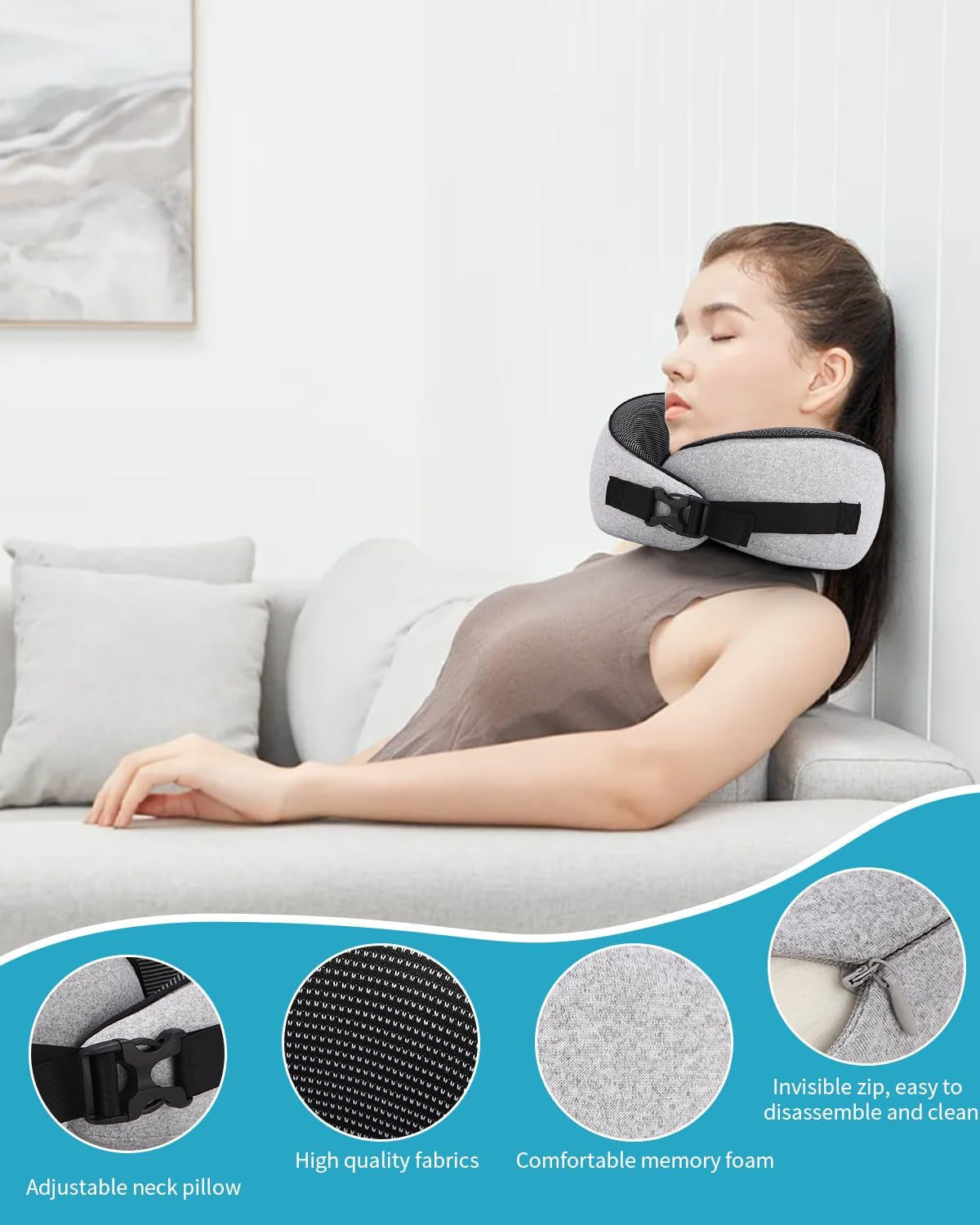 Almohada de cuello de avión, almohada de viaje de espuma viscoelástica, almohada de cuello para adultos, almohada de avión lavable ajustable, almohada de viaje ergonómica (gris) Almohadas ortopédicas cervicales Naty Shop