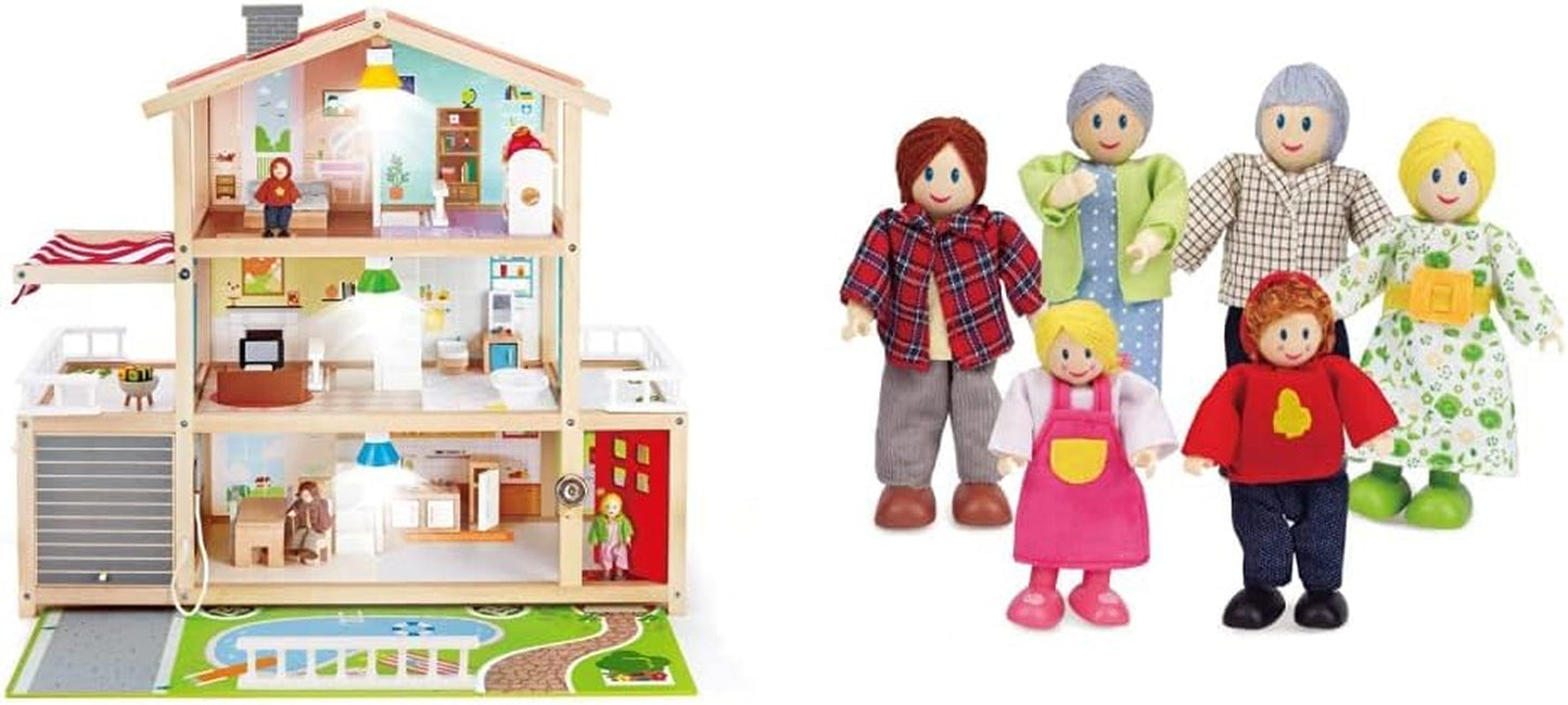 E3405 - Casa de Muñecas, Casa de Muñecas con Accesorios, de Madera y E3500 - Familia de Muñecas, Piel Clara