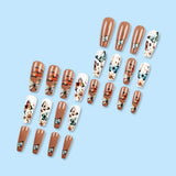 24 piezas de prensa larga en las uñas ataúd uñas artificiales mariposa flor uñas adhesivas blanco marrón acrílico juego de uñas puntas de uñas mujeres primavera verano accesorios de uñas