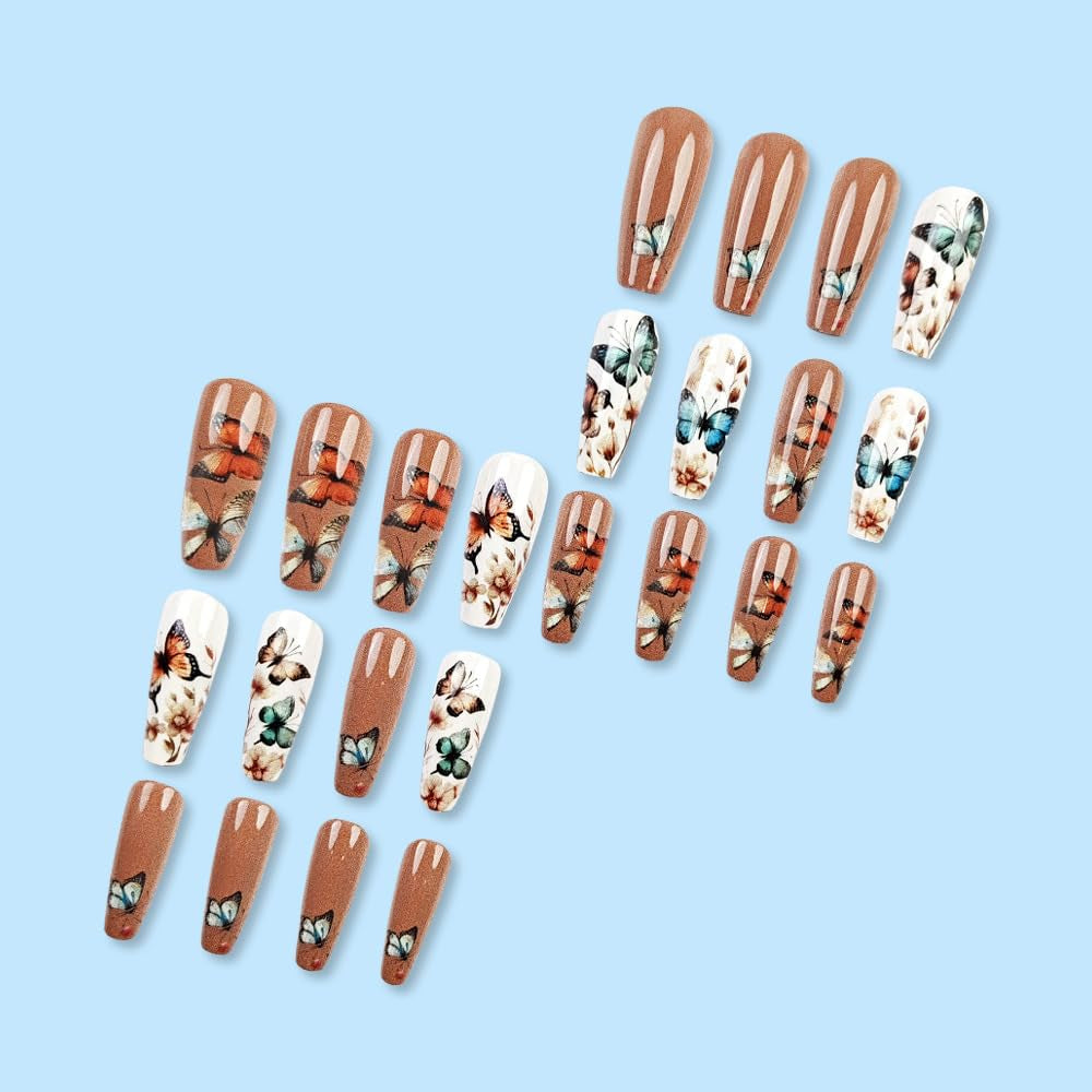 24 piezas de prensa larga en las uñas ataúd uñas artificiales mariposa flor uñas adhesivas blanco marrón acrílico juego de uñas puntas de uñas mujeres primavera verano accesorios de uñas