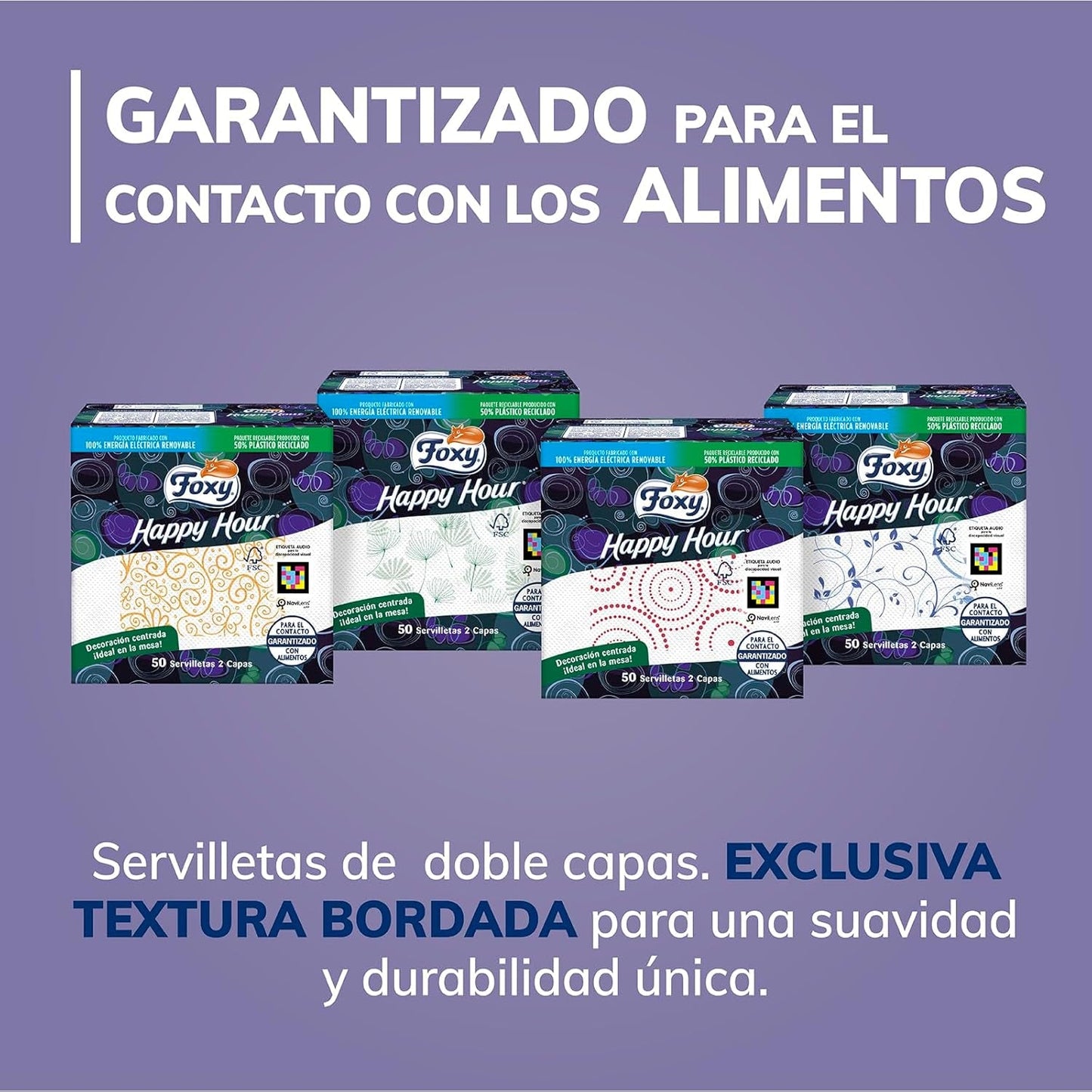 Hora feliz | Toallitas de doble capa | 16 paquetes À 50 piezas À 33 X 33 Cm | Certificado FSC | Electricidad 100% renovable | Envases reciclables fabricados con plástico reciclado.