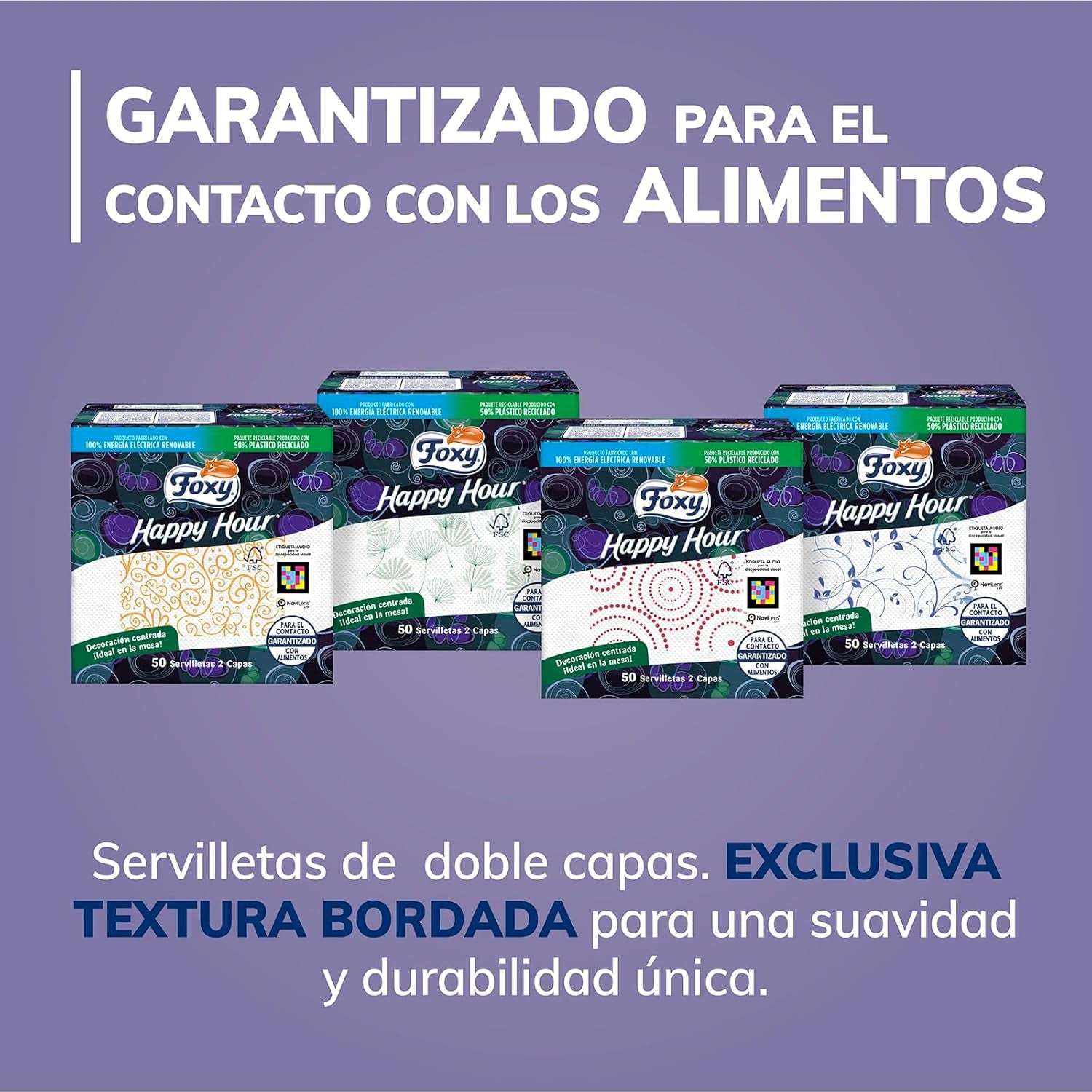 Hora feliz | Toallitas de doble capa | 16 paquetes À 50 piezas À 33 X 33 Cm | Certificado FSC | Electricidad 100% renovable | Envases reciclables fabricados con plástico reciclado.