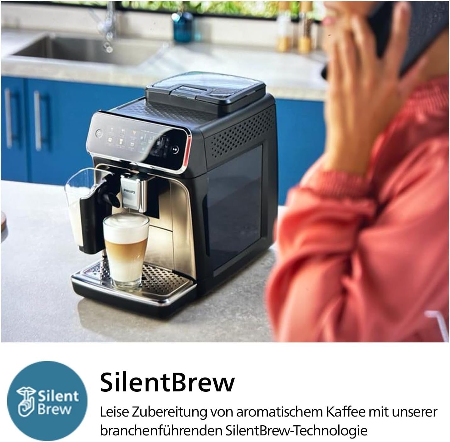 Cafetera espresso automática PHILIPS serie 3300 - 6 bebidas, moderna pantalla táctil a color, sistema de preparación de leche LatteGo, SilentBrew, molinillo 100% cerámico, filtro AquaClean. Cromo negro (EP3347/90)