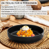 SÄNGER Madeira | Juego de vajilla combinada de 24 piezas, juego de vajilla de gres para 6 personas, 6 platos llanos, 6 platos de desayuno, 6 platos llanos, 6 tazones para pasta, juego de vajilla y tazones, negro mate | LA COLECCIÓN DE VALOR