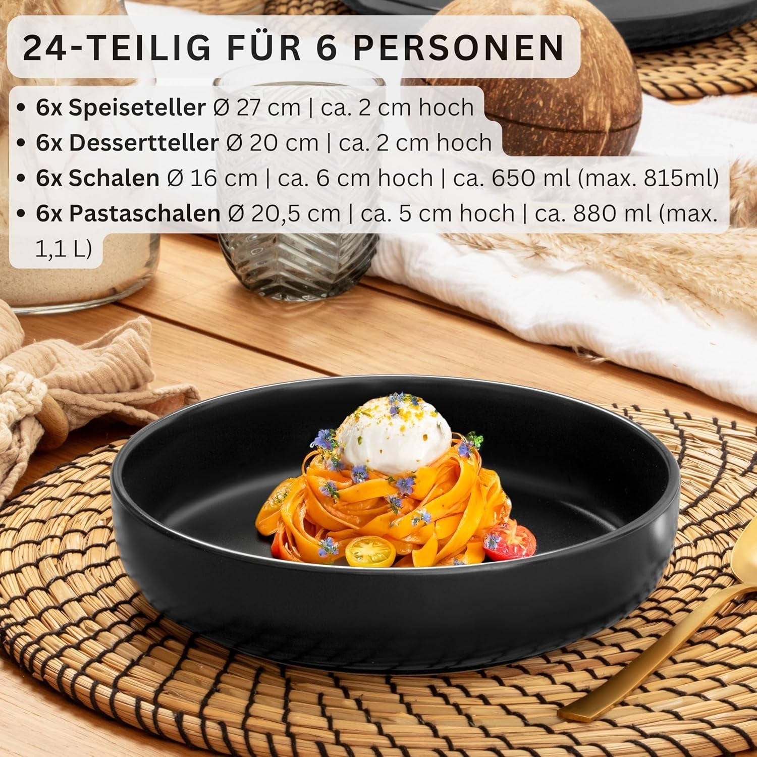 SÄNGER Madeira | Juego de vajilla combinada de 24 piezas, juego de vajilla de gres para 6 personas, 6 platos llanos, 6 platos de desayuno, 6 platos llanos, 6 tazones para pasta, juego de vajilla y tazones, negro mate | LA COLECCIÓN DE VALOR