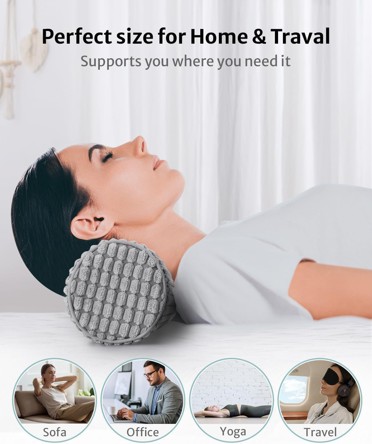 Rollo para el cuello con funda, almohada de viaje de espuma viscoelástica de 11 x 45 cm, almohada para el cuello de felpa lavable por puntos para aliviar el dolor de cuello, almohada para el cuello para el hogar, la oficina, viajes, yoga, cilindro redondo, almohadas ortopédicas cervicales Naty Shop