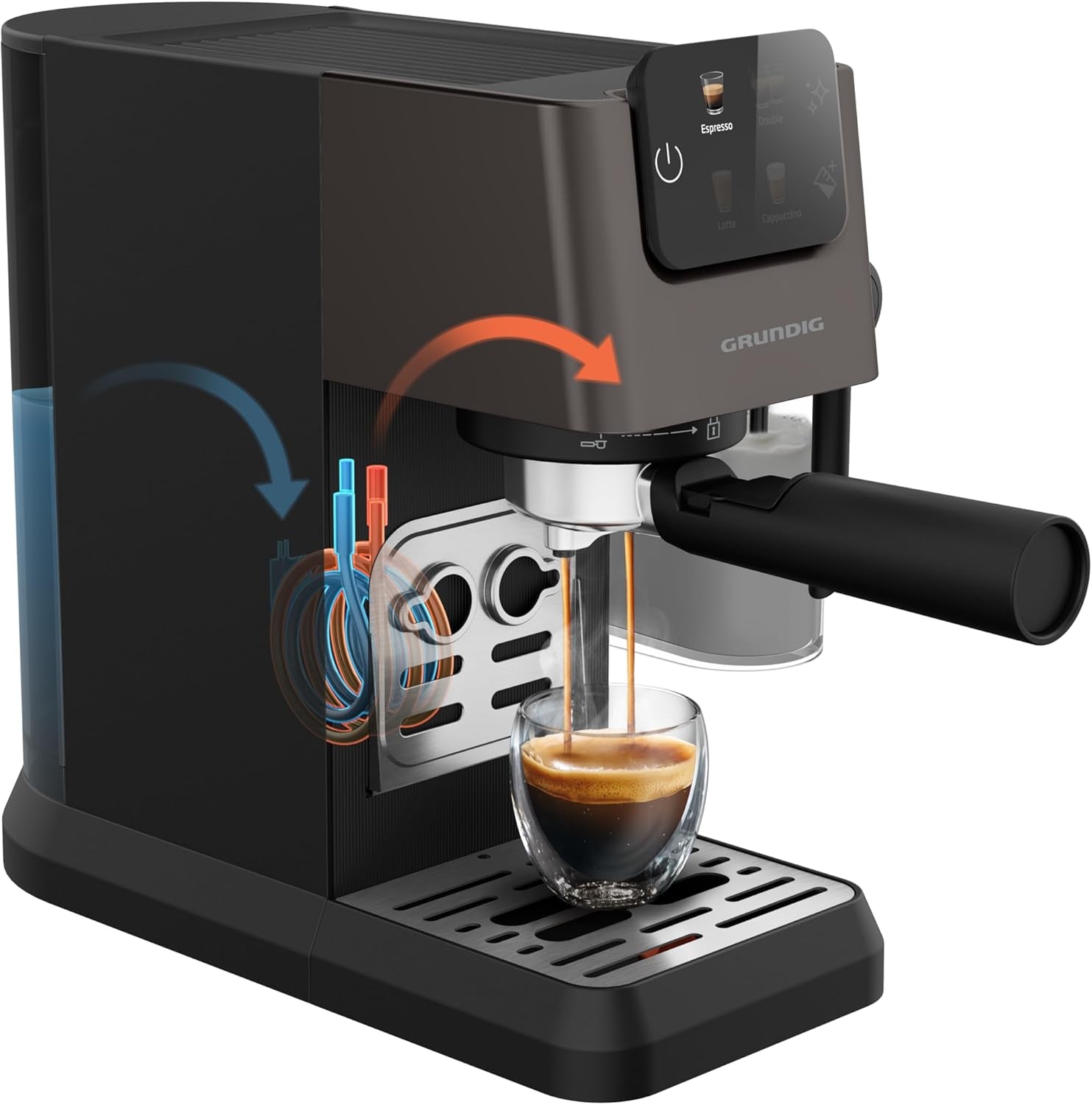 Cafetera espresso con portafiltro GRUNDIG KSM 5330 con depósito de leche integrado, potencia 1628 W, presión de bomba 15 bar, doble boquilla, pantalla táctil a color, BrewSense, CreamyPro, Acero inoxidable oscuro/Negro