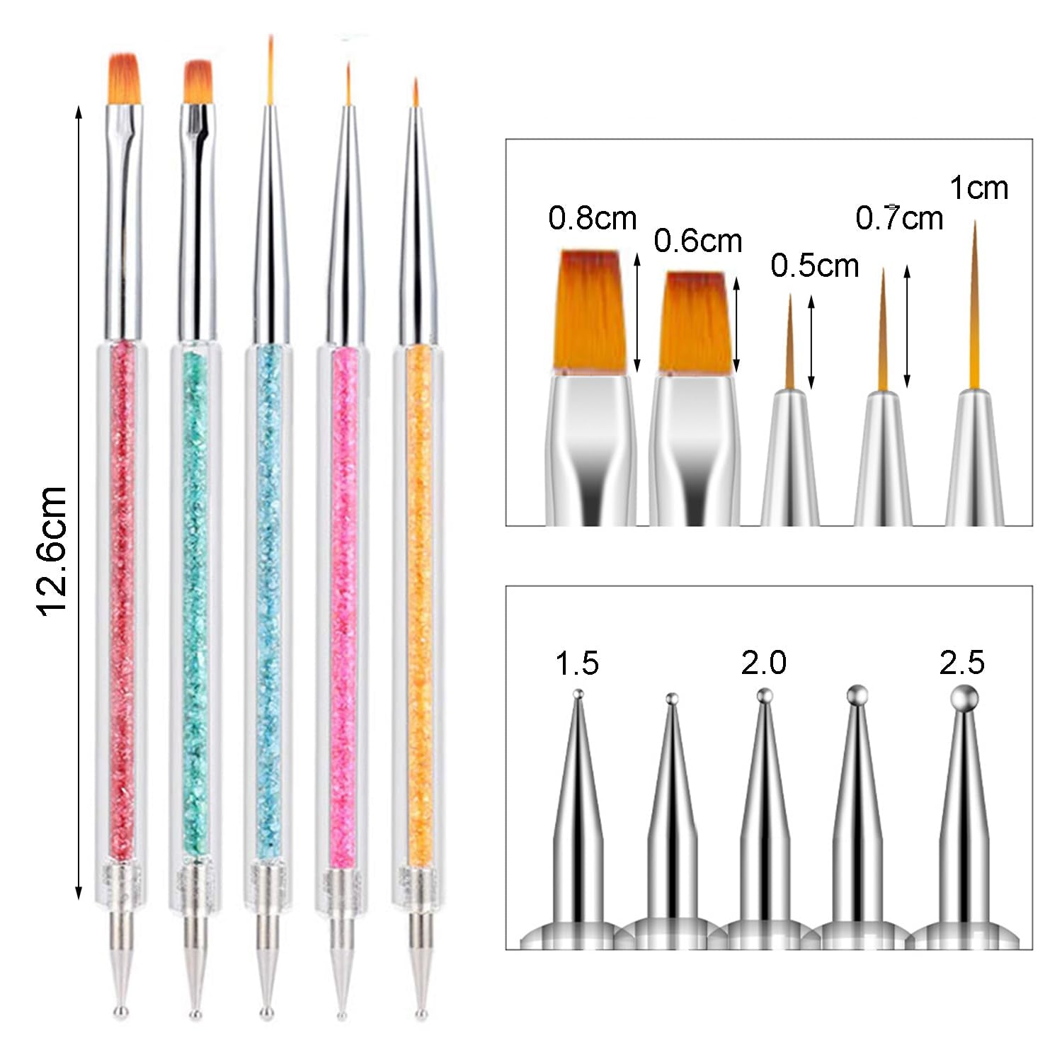 Juego de 6 pinsel para uñas, doble punta Nageldesign Pinsel, juego de pinsel acrílico para decoración de uñas, herramienta de punteado para decoración de uñas DIY (mit 1 Schwammbürste)