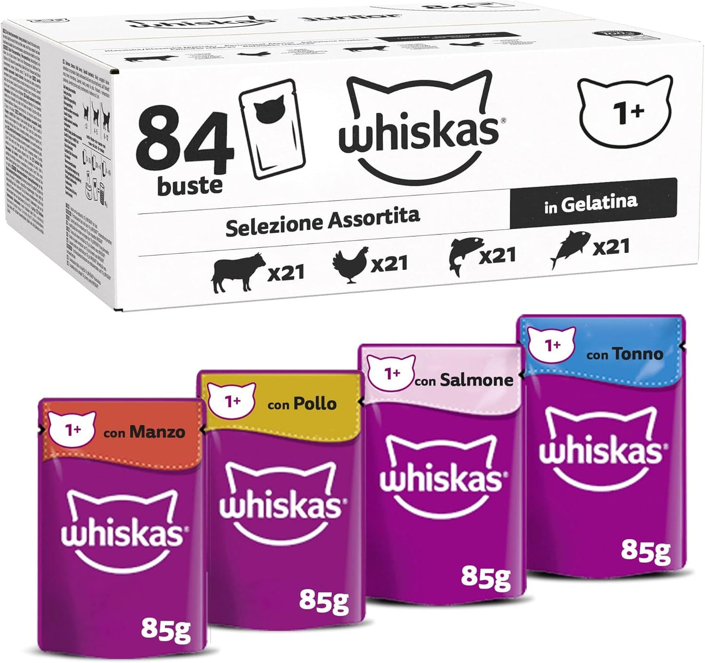 Whiskas Adult Comida Húmeda 1+ Selección Mixta en Gelatina, 84 Sobres, 84x85g (1 Paquete Grande) - Comida húmeda de alta calidad para gatos adultos