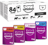 Whiskas Adult Comida Húmeda 1+ Selección Mixta en Gelatina, 84 Sobres, 84x85g (1 Paquete Grande) - Comida húmeda de alta calidad para gatos adultos
