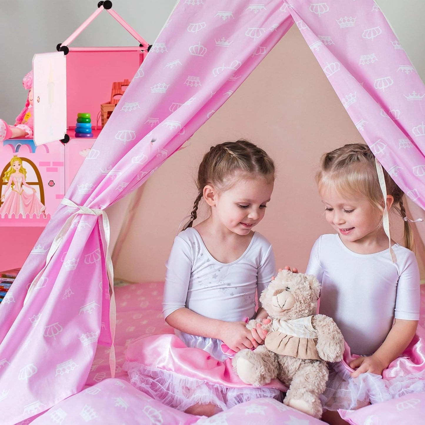 Relaxdays Estantería modular para habitación infantil, diseño Castillo de princesas, plástico, armario para montar con puertas, HL: 128 x 110 x 37 cm, rosa