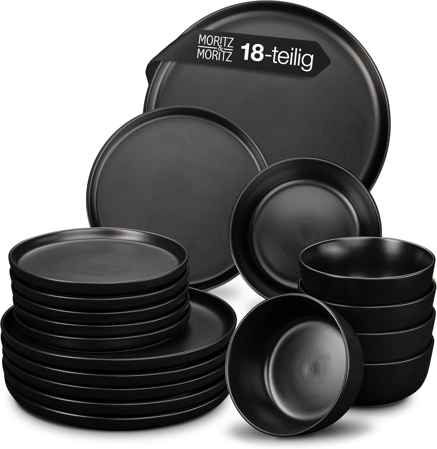 Moritz & Moritz Vajilla NORDIC para 6 personas - Vajilla de gres negro de 18 piezas - Diseño escandinavo - Vajilla robusta para 6 personas para uso diario e invitados - Vajilla combinada
