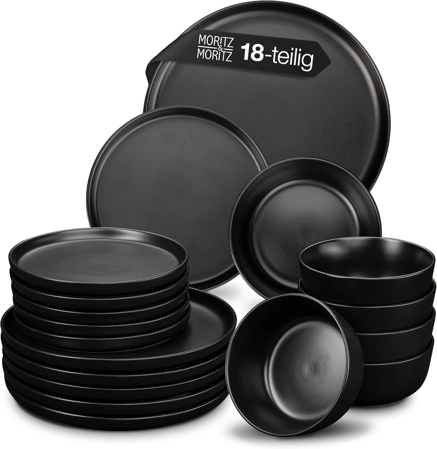 Moritz & Moritz Vajilla NORDIC para 6 personas - Vajilla de gres negro de 18 piezas - Diseño escandinavo - Vajilla robusta para 6 personas para uso diario e invitados - Vajilla combinada