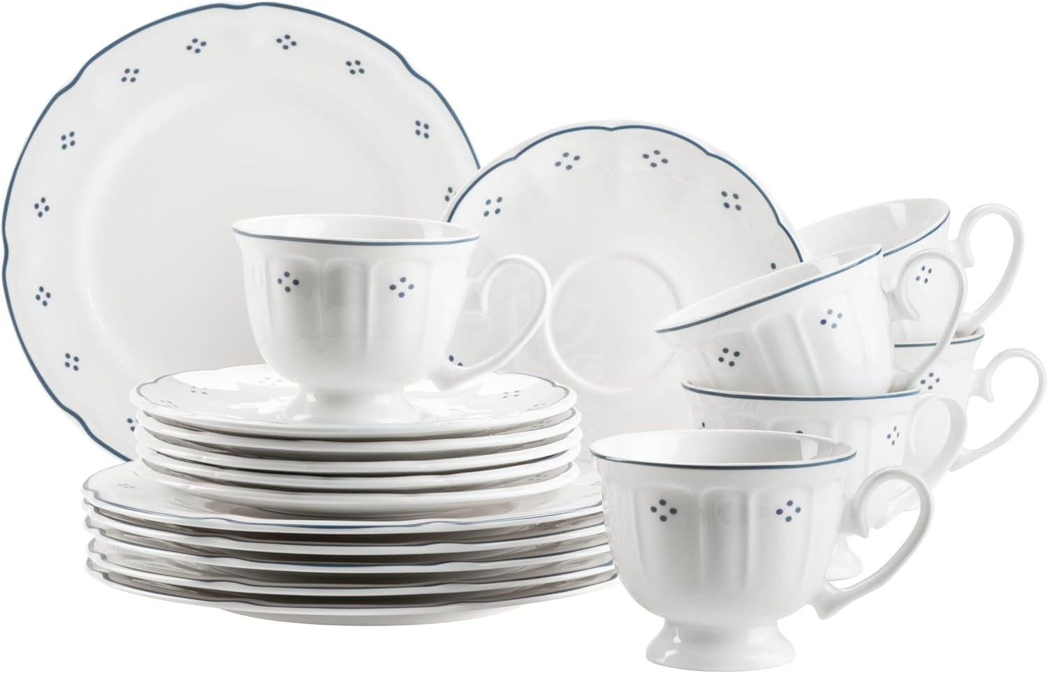 Mäser Lova Series Servicio de café de porcelana de 18 piezas: 6 platos de postre (19,5 cm), 6 tazas (19 cl) y 6 platillos (15,5 cm), azul