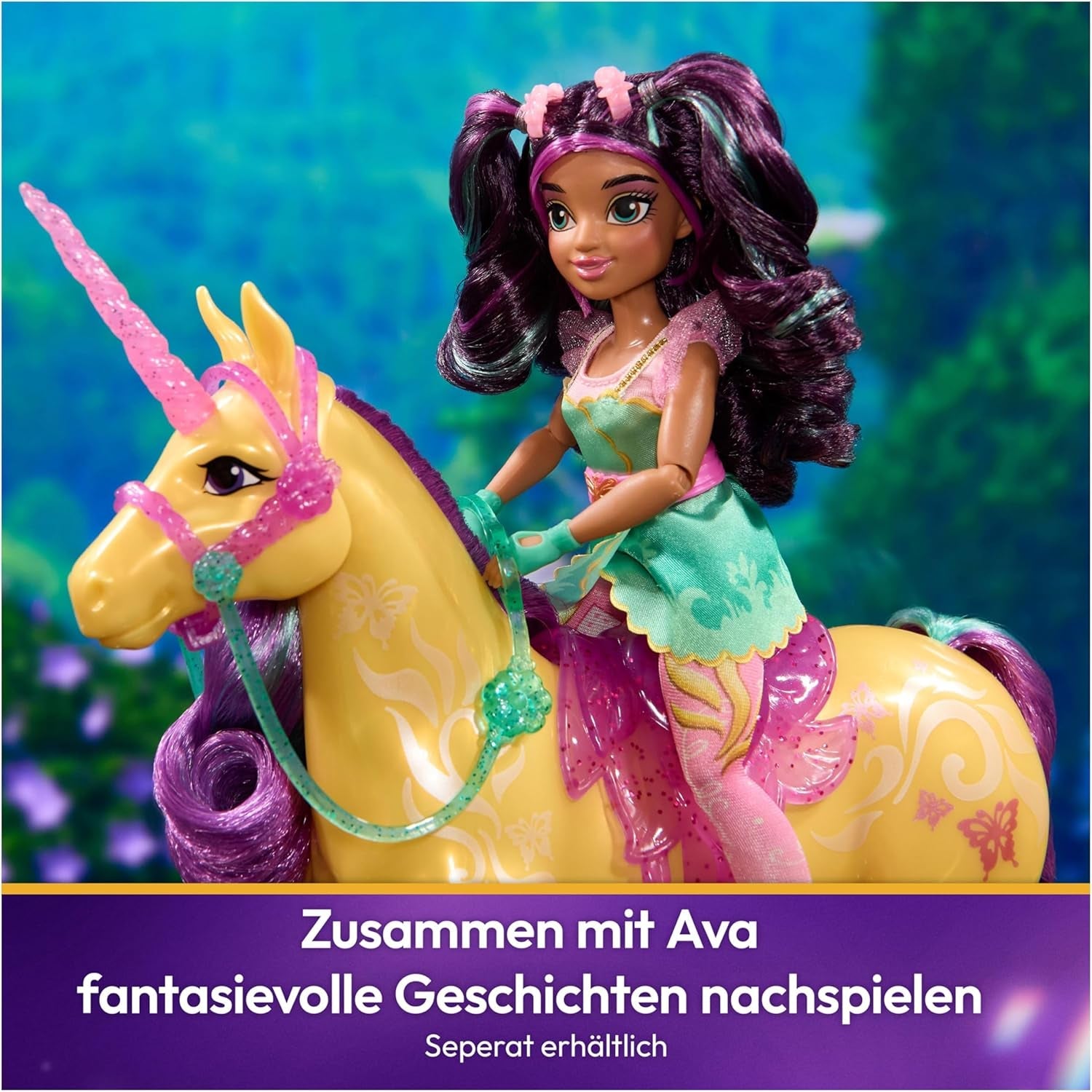 Unicorn Leaf Unicorn Academy: unicornio Ava original de 28 cm de altura de la serie Netflix con melena y cola reales, brida, silla y cepillo extraíbles, para niños a partir de 4 años