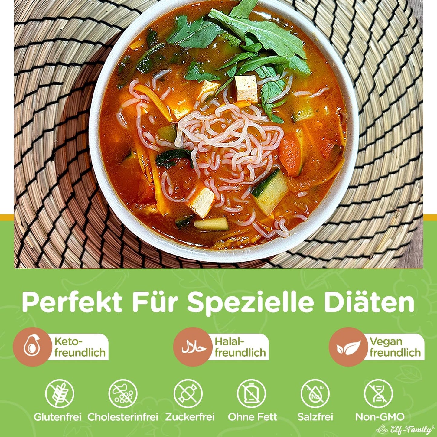 Elf-Family Caja de 270 g x 6 unidades (paquete de 12) Bio Konjak Nudeln Ultra Low Carb Shirataki Nudeln Vegan Glutenfrei-Instant Nudeln ohne kohlenhidrato/Keto/Kalorienarme/Fettfrei/Zuckerfrei -Spaghetti MHD: 11/12/2026