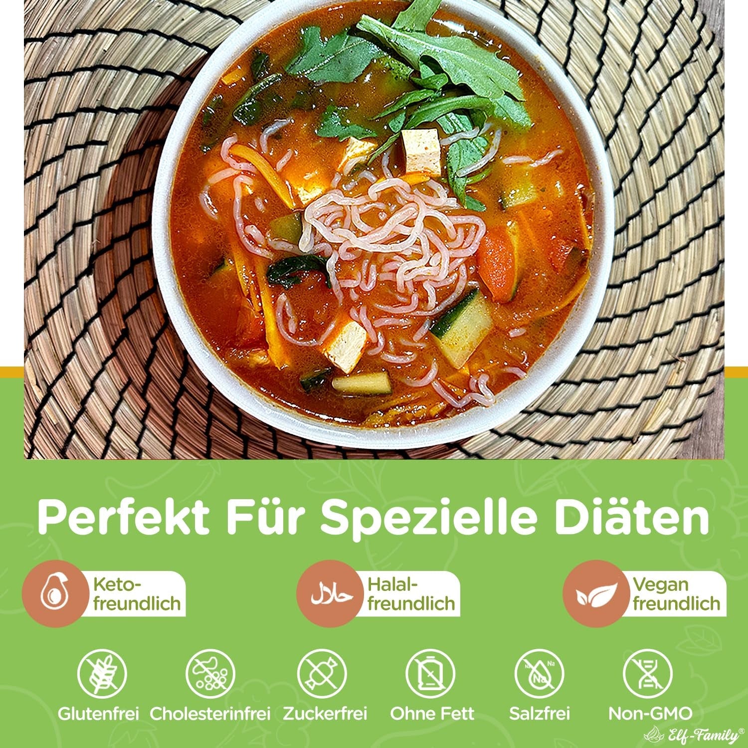 Elf-Family Caja de 270 g x 6 unidades (paquete de 12) Bio Konjak Nudeln Ultra Low Carb Shirataki Nudeln Vegan Glutenfrei-Instant Nudeln ohne kohlenhidrato/Keto/Kalorienarme/Fettfrei/Zuckerfrei -Spaghetti MHD: 11/12/2026