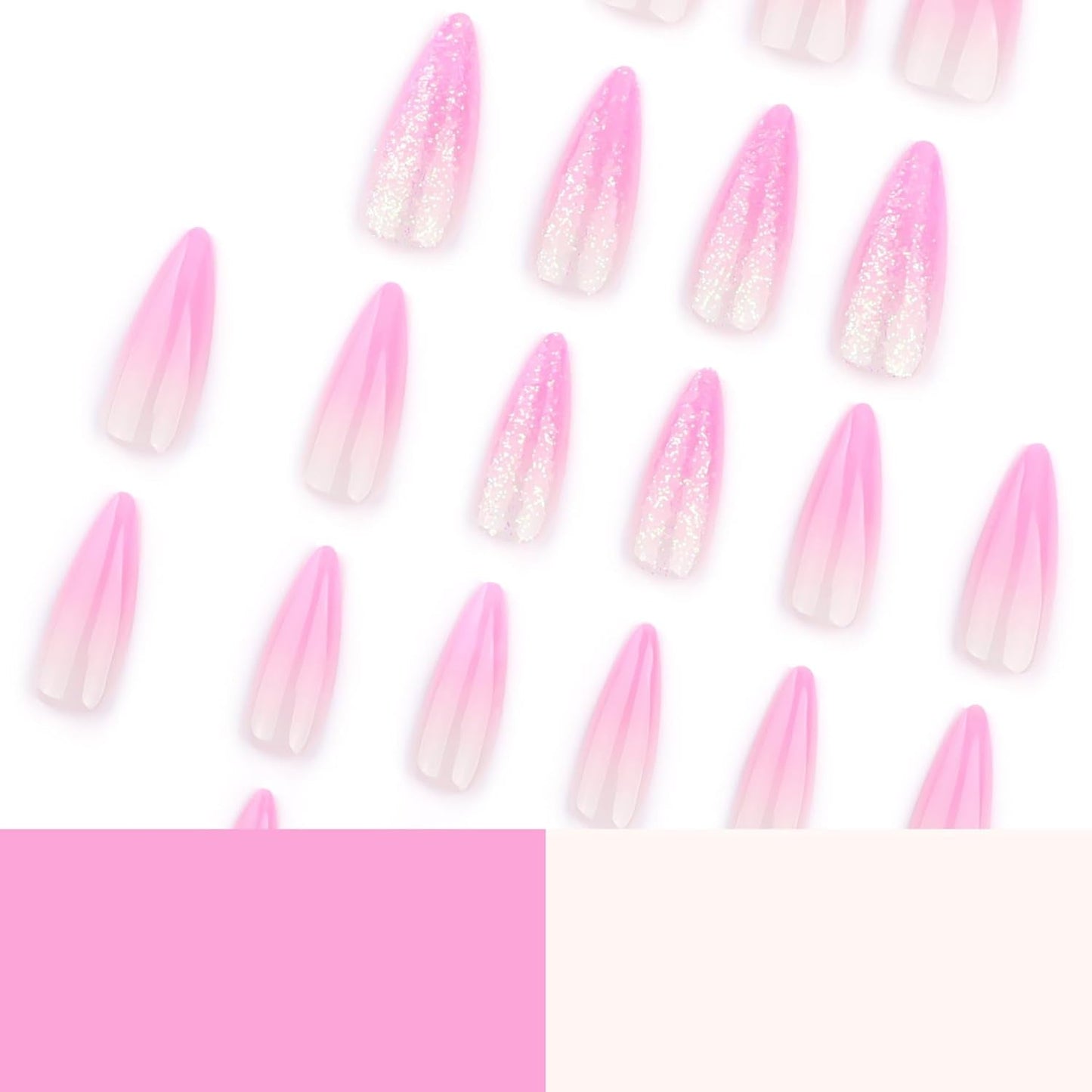 Mouyouglow-uñas largas Stiletto, color blanco lechoso, degradado, purpurina rosa, uñas postizas frescas con pegamento, uñas artificiales con purpurina rosa ombré