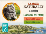 IAMS Naturally Senior Comida húmeda en salsa - Comida húmeda de carne y pescado de alta calidad para gatos mayores, Colección Land & Sea, 12 x 85 g