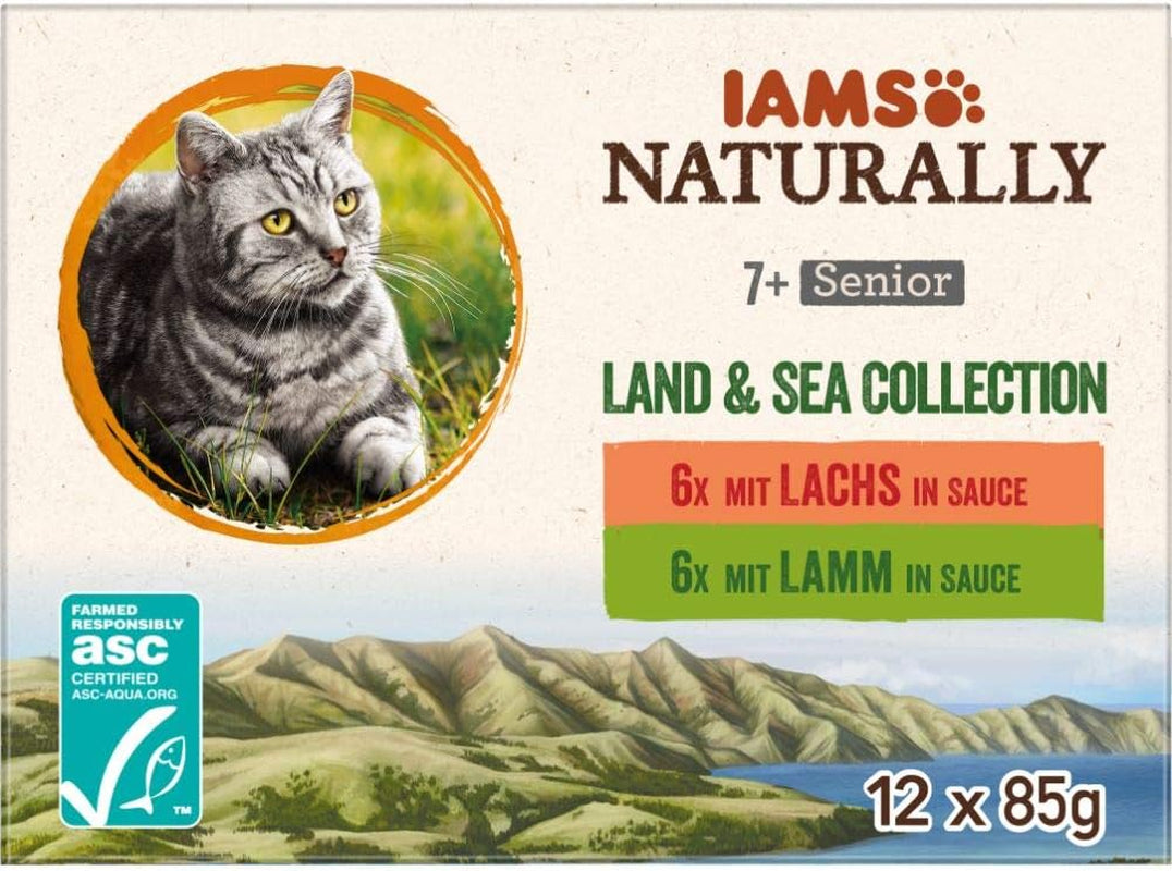 IAMS Naturally Senior Comida húmeda en salsa - Comida húmeda de carne y pescado de alta calidad para gatos mayores, Colección Land & Sea, 12 x 85 g