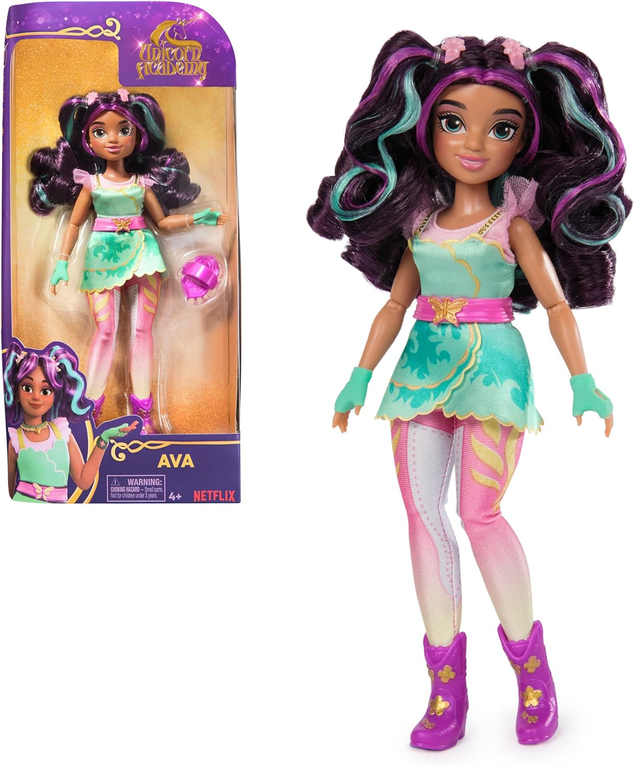 Unicorn Academy Ankleidepuppe Ava - la muñeca original para la popular serie Netflix, 24 cm grande y con 7 accesorios para juegos de rol fantásticos, para niños de 4 años