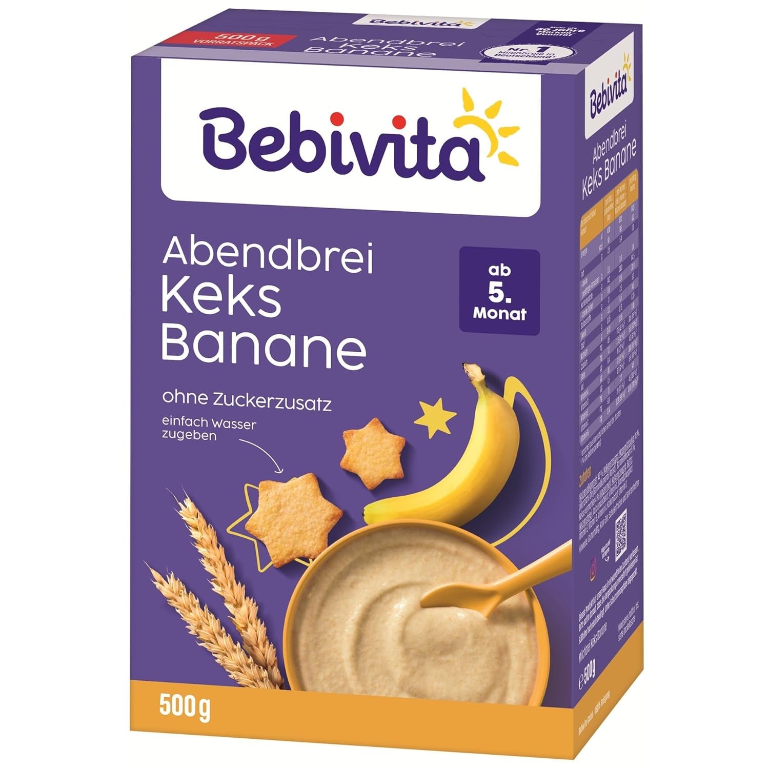 Papilla de noche con galletas y plátanos (4x500 g), papilla de leche a partir de 5 meses, sin azúcares añadidos, con valiosos minerales y vitaminas, muy saciante