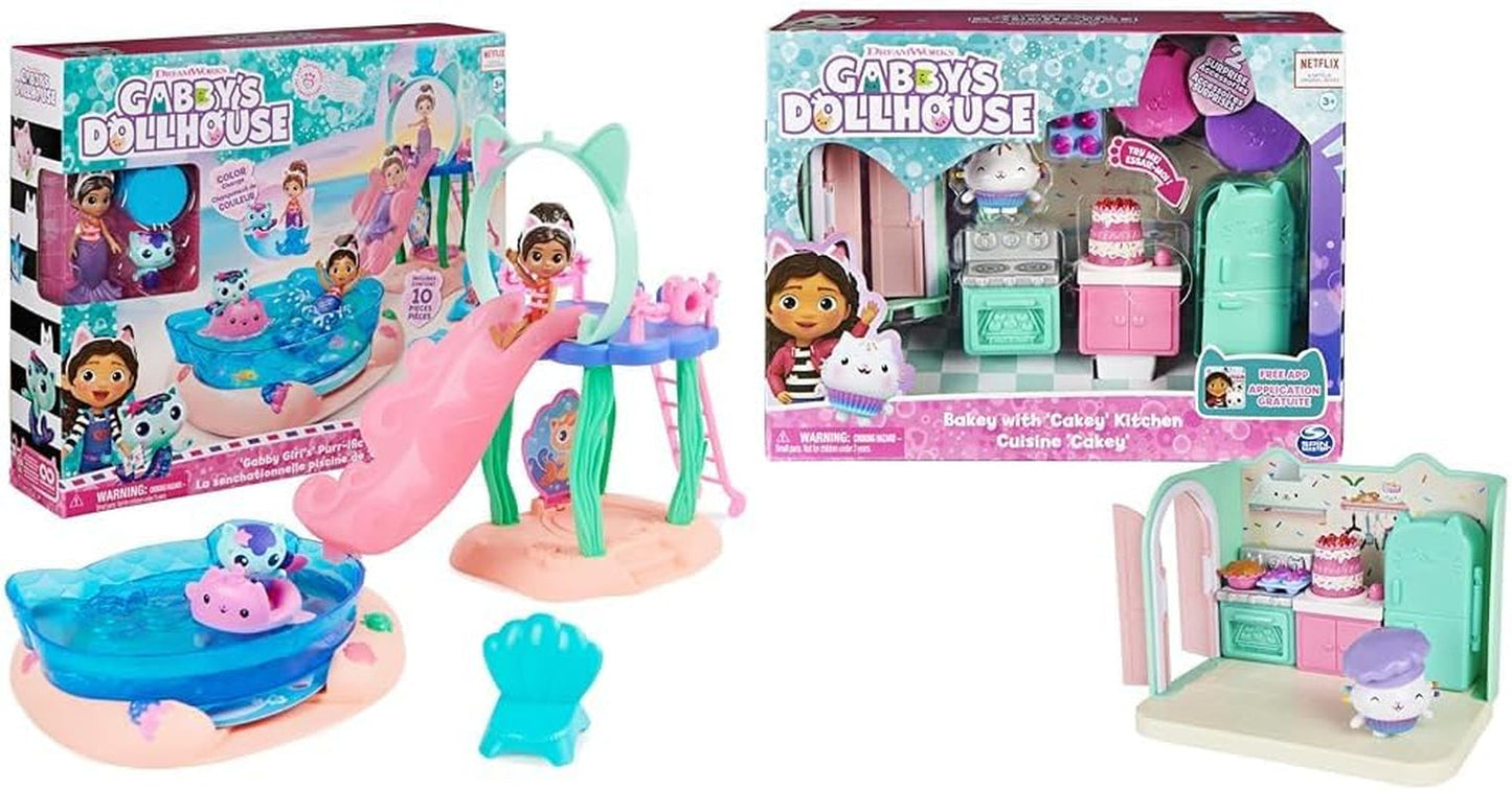 Casa de muñecas de Gabby, juego de fiesta en la piscina purificante con figuras de Gabby y suricata y habitación de lujo, Cakey Baking, Cakey Kitchen