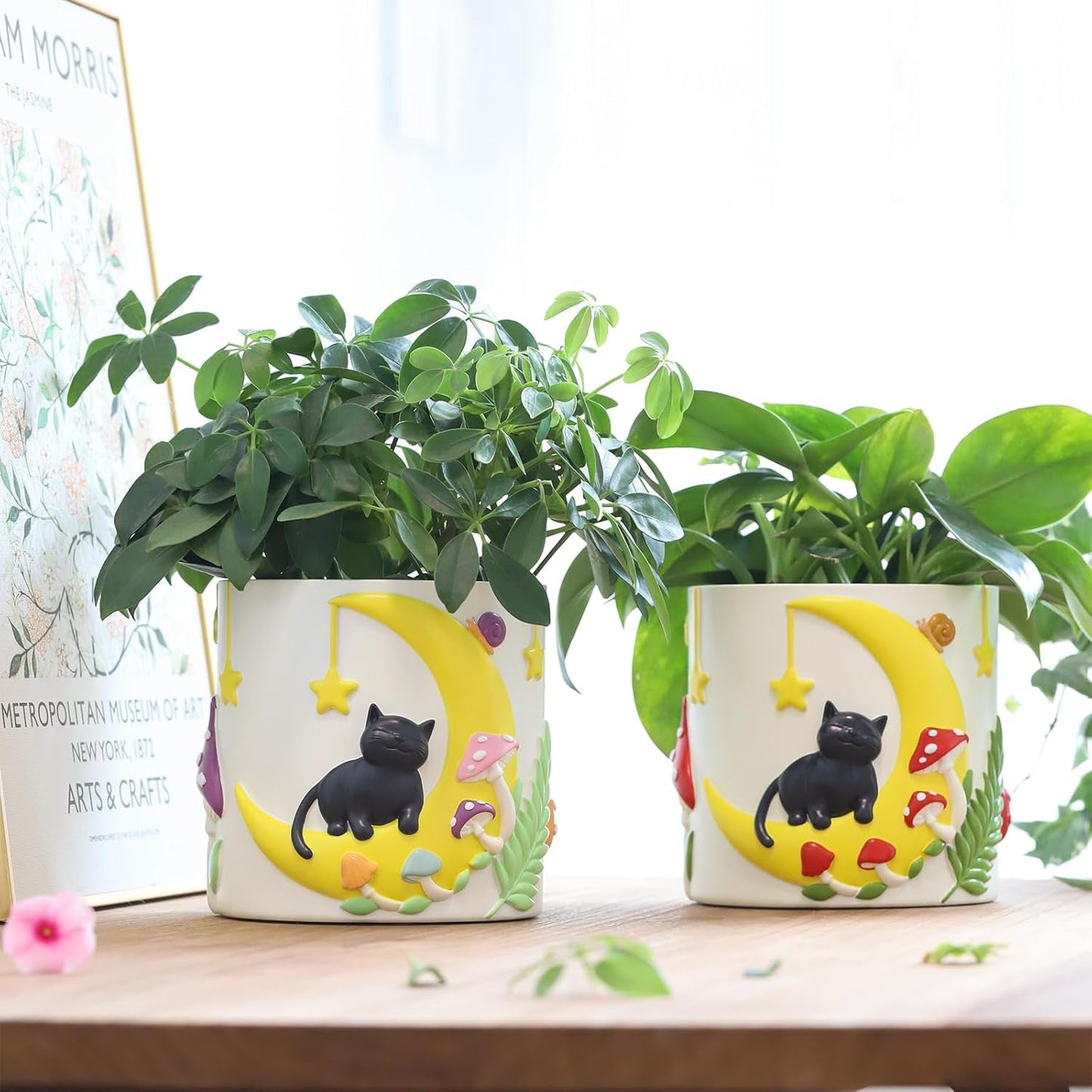 GUGUGO Lindas macetas para gatos con forma de luna, maceta única con drenaje, colores del arco iris, macetas pequeñas para plantas de interior, divertidas macetas de jardín suculentas, regalo, decoración del hogar (C)