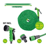 Manguera de jardín flexible Kinzo 20 m - incl. Accesorio para manguera - Manguera flexible con cabezal rociador con 7 posiciones de rociado - Plástico - Verde/Gris