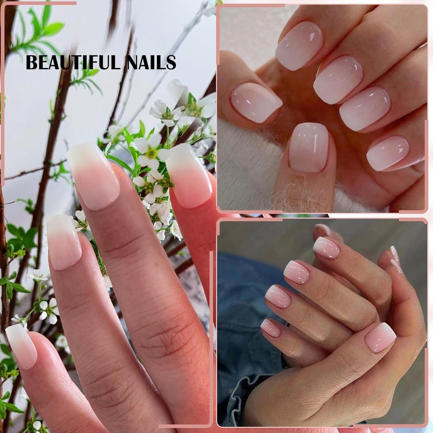 Juego de Uñas Postizas Adhesivas - Uñas Postizas Francesas - 24 Piezas Diseño Cuadrado Corto Blanco Rosa Degradado Uñas Artificiales Manicura Bailarina (Degradado Rosa Corto)
