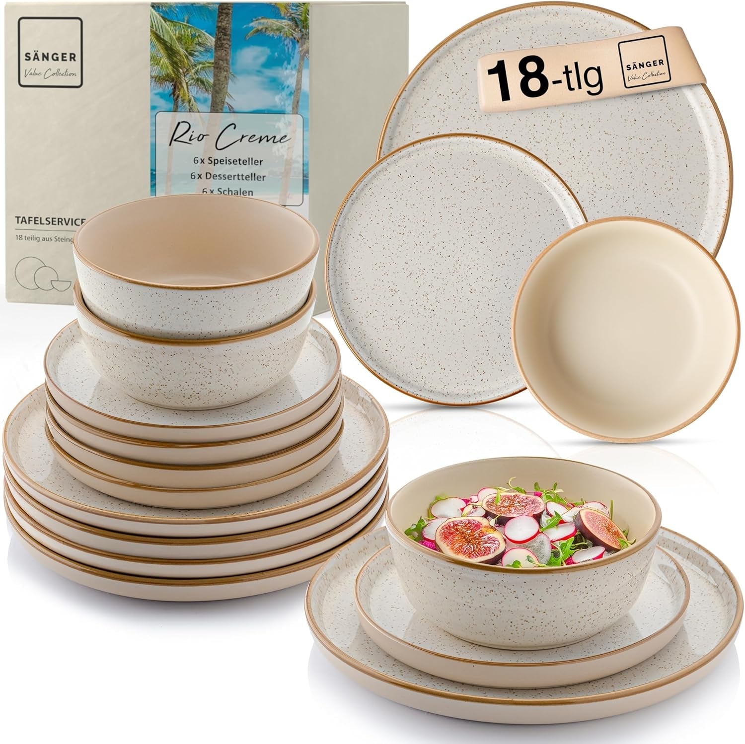 SÄNGER Río Crema | Juego de vajilla de gres de 18 piezas para 6 personas, incluidos 6 platos llanos, 6 platos de postre y 6 tazones | LA COLECCIÓN DE VALOR