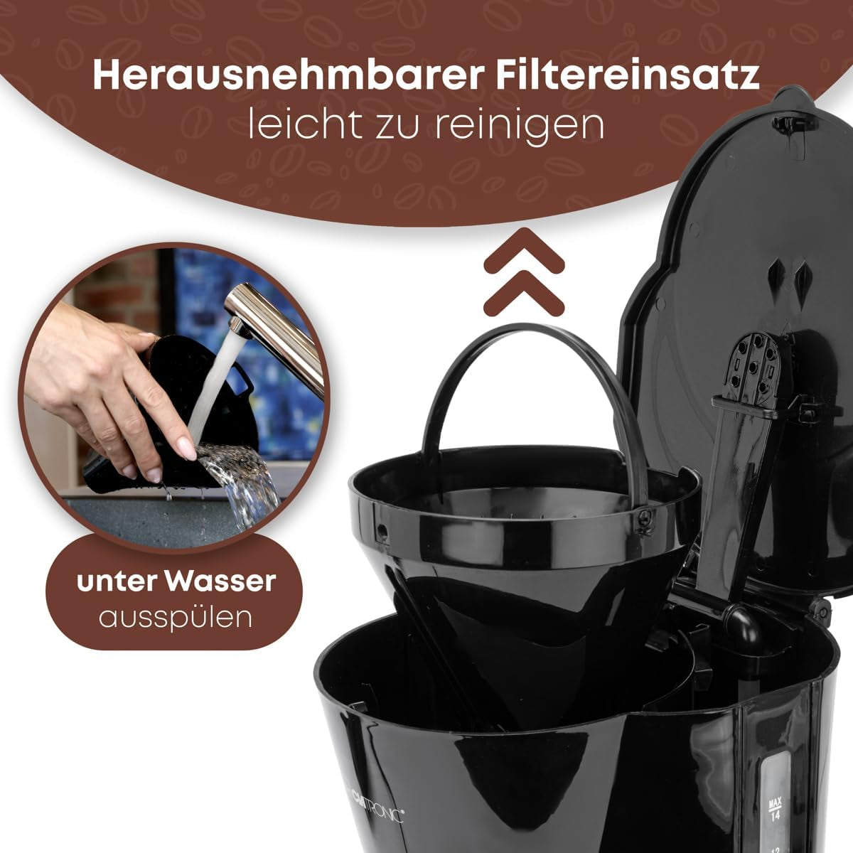 Máquina de café expreso Clatronic® | Cafetera espresso automática para 12-14 tazas (aprox. 1,5 litros) | Cafetera espresso con filtro y sistema antigoteo | 900W | Cafetera espresso KA 3473 Negra