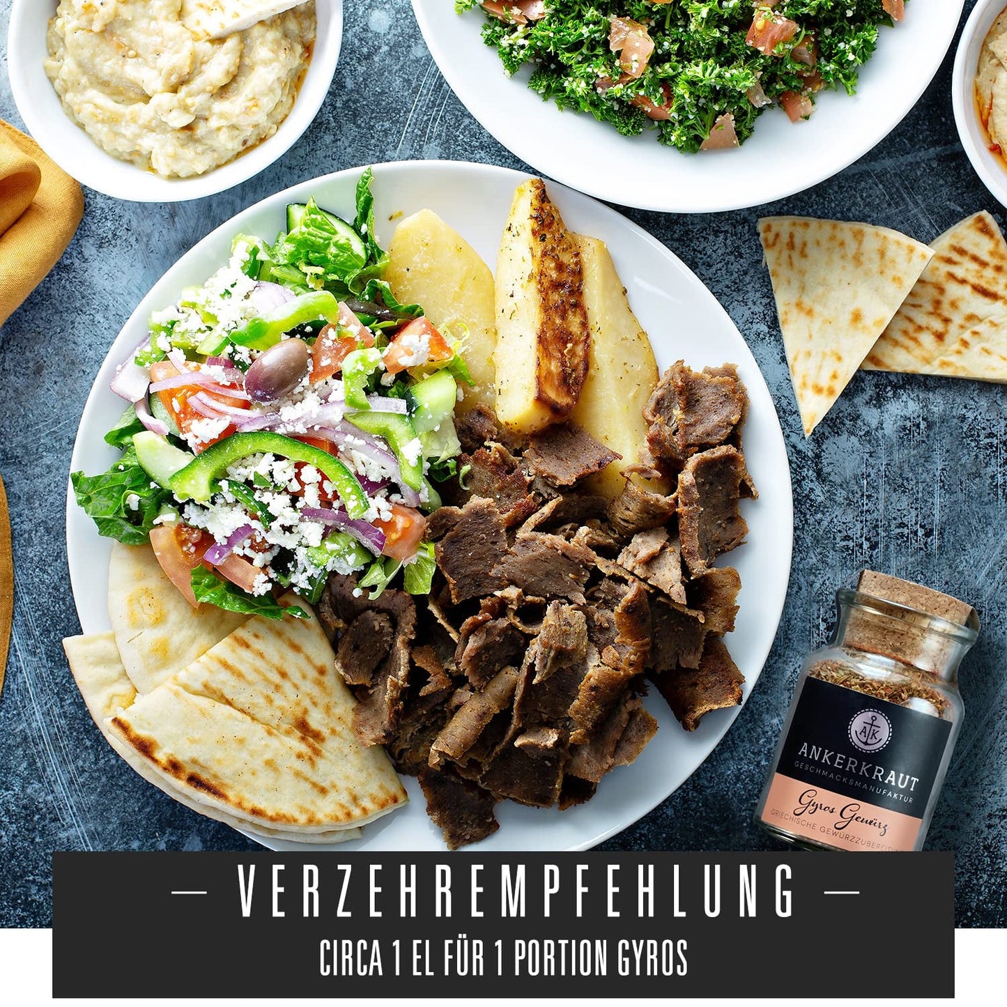 Ankerkraut Gyros, Gewürzmischung für Gyros, egal ob aus der Pfanne oder vom Grill, mit Zwiebel, Knoblauch, Mejorana, Comino, Piment and mehr, 80 g im Korkenglas
