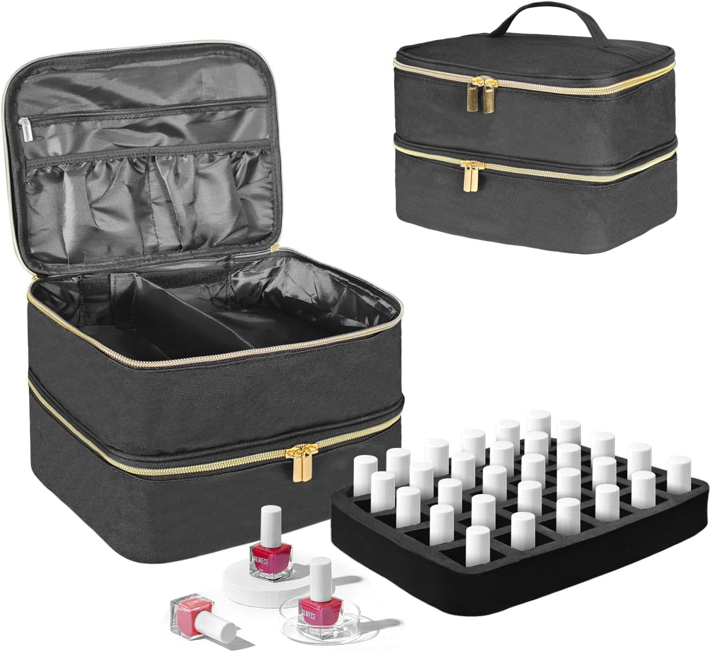 Organizador de laca de uñas Tasche, caja de almacenamiento de laca de uñas Doppelschicht, organizador Koffer para Nageldesign Kosmetiktasche para 30 botellas de base de neouñas (15 ml-0,5 onzas líquidas) y 1 lámpara de uñas (negro)