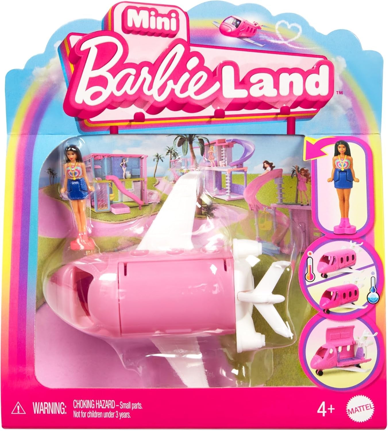 Mini BarbieLand Juegos de muñecas y vehículos de juguete Barbie, muñeca de 1.5" y vehículo de juguete sorpresa que cambia de color icónico, HYF40