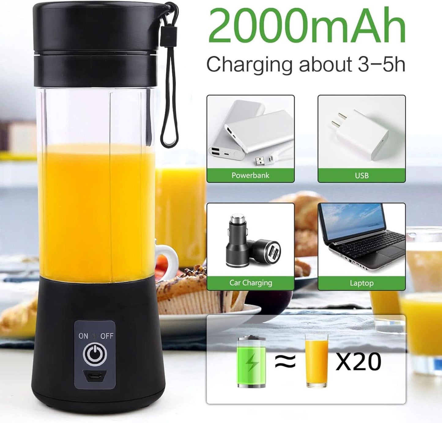 Batidora Smoothie Maker Tragbarer Entsafter: 380Ml Standmixer Persönlicher Shaker Proteinshake Mit 6 Edelstahlmesser Tragbar-Bpa-Freie Mit Usb-Mixbecher Für Shakes,Saftoutdoor,Schwarz Bucatarie Naty Shop