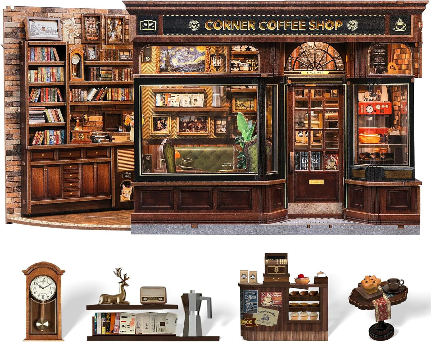 CUTEBEE Kit de esquina para libros – Casas de muñecas DIY, kit de construcción de casa en miniatura con luz LED para adultos, rompecabezas de madera 3D y soporte para libros – Decoración de estantería y regalo (café de esquina)