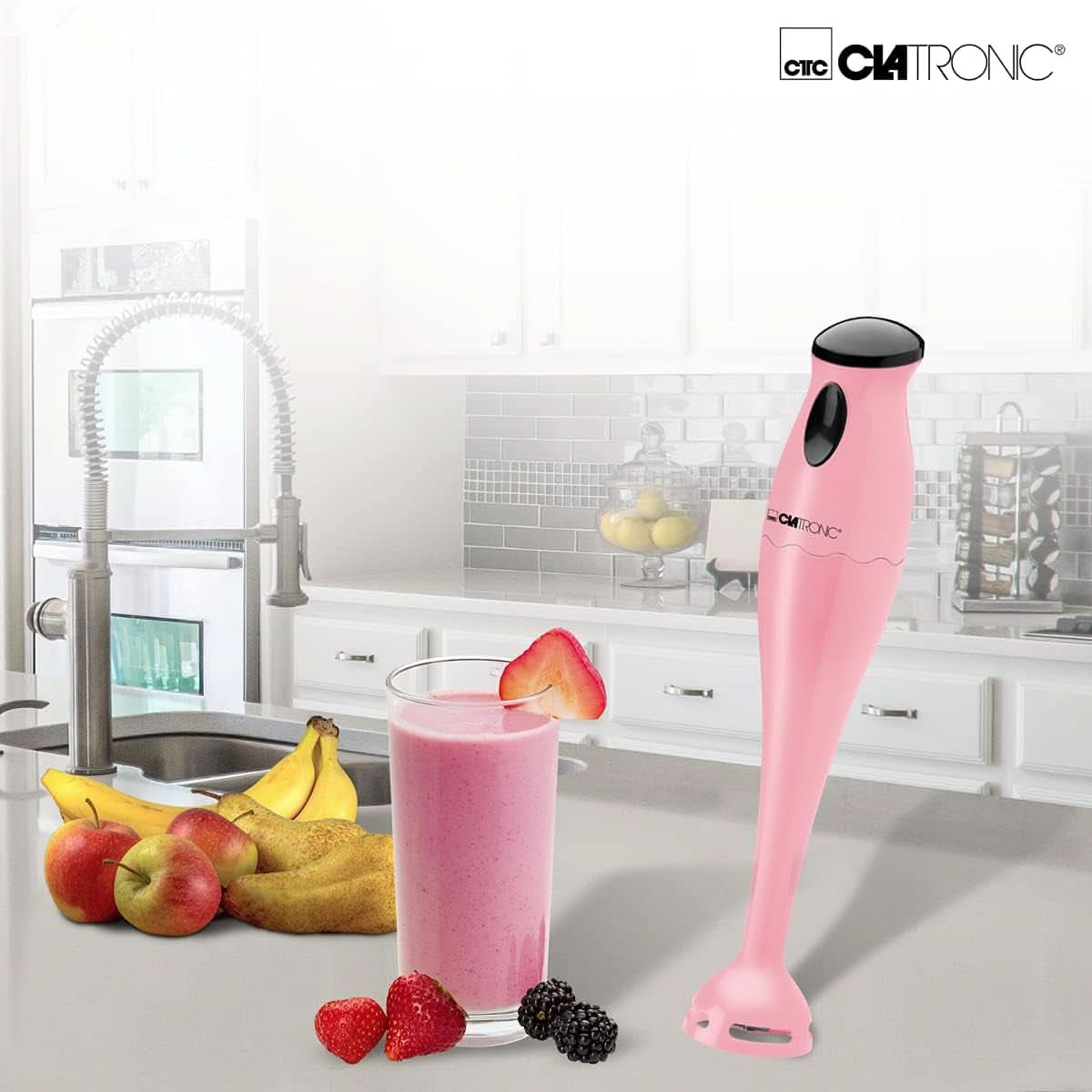 Clatronic Stabmixer/Pürierstab/Blender/Stab-Mixer/Stick/Mixstab SM 3577; Edelstahl-Schlagmesser; Para batidos, kürbispüree, babybrei, batidos; Mit Mixbehälter (500 Ml); 180 vatios; Tienda Naty Cocina Rosa