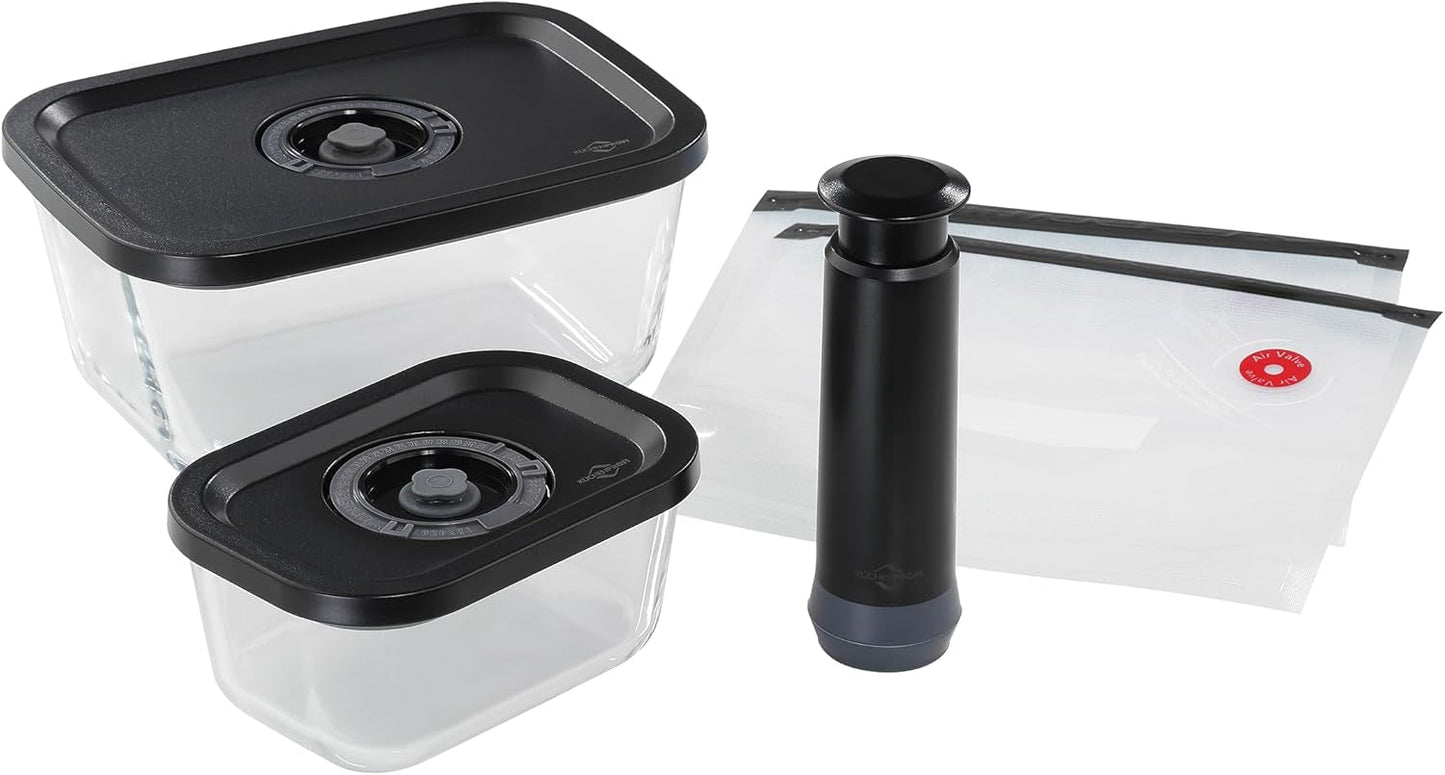 Set de vacío Küchenprofi EASYFRESH | Conjunto de 7 piezas | 1x bomba de vacío eléctrica, 1x vaso de vacío S, M y L, 3x bolsas de vacío 22x21 cm | vidrio de borosilicato, plástico de alta calidad | preparación y conservación Cajas para guardar alimentos Naty Shop Set aspirador 5 piezas
